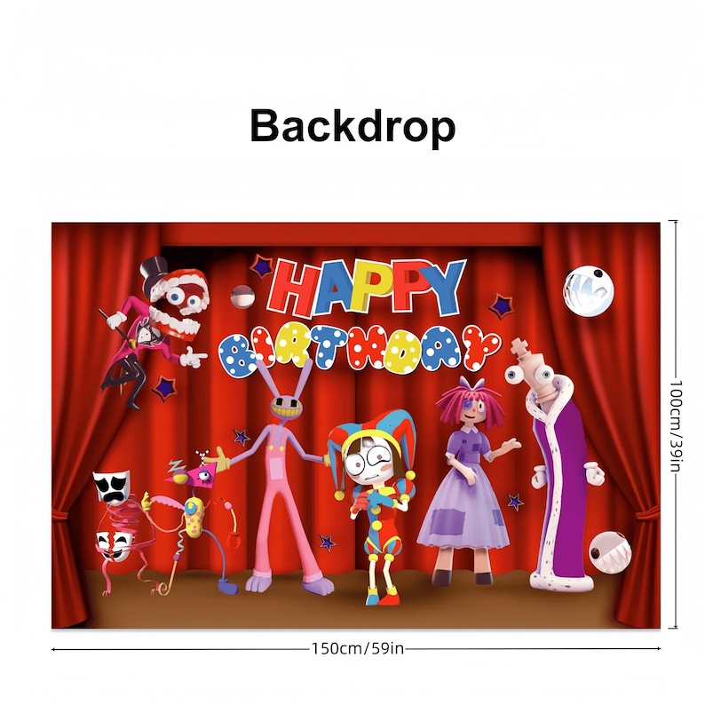 May include: A colorful birthday backdrop featuring cartoon characters and the words "HAPPY BIRTHDAY". The backdrop is 100cm (39in) high and 150cm (59in) wide, with a red curtain background.