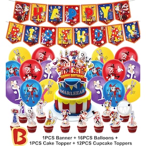 May include: A festive birthday party decoration set featuring a banner that spells out "HAPPY BIRTHDAY". The set includes balloons in red, yellow, and purple, a cake with a topper, and cupcake toppers. The cake is decorated with a blue top and red and white stripes.
