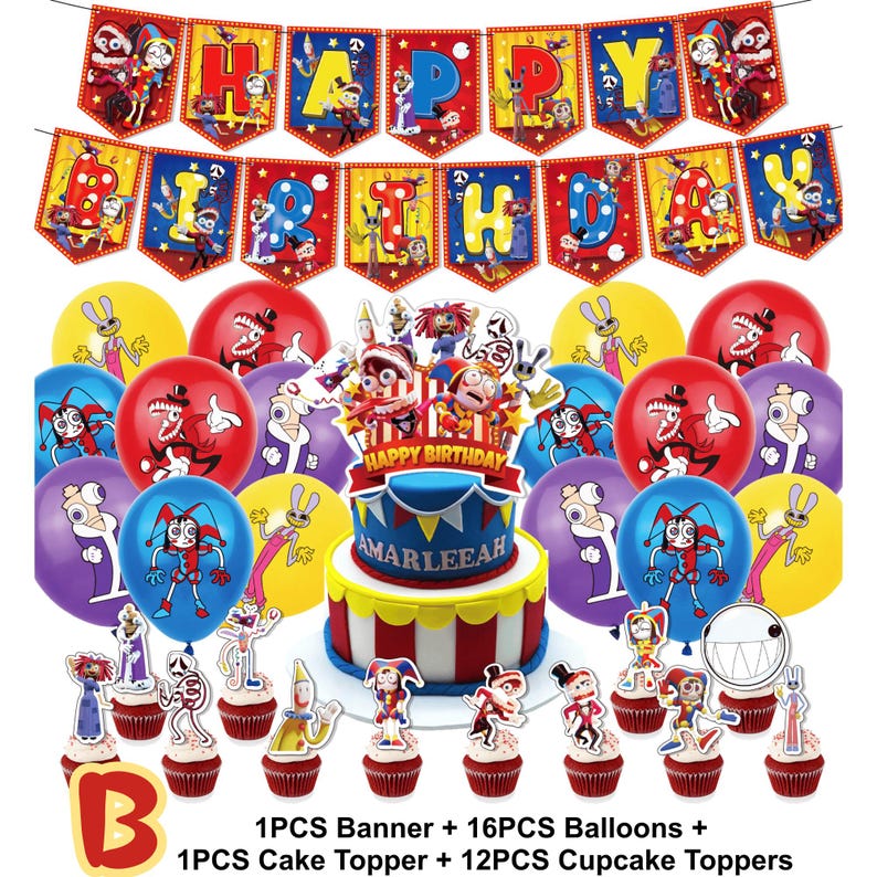 May include: A festive birthday party decoration set featuring a banner that spells out "HAPPY BIRTHDAY". The set includes balloons in red, yellow, and purple, a cake with a topper, and cupcake toppers. The cake is decorated with a blue top and red and white stripes.