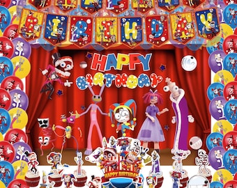 Buntes Zirkus-Geburtstags-Partydekorations-Set - Banner, Hintergrund, Luftballons, Kuchendeckel für Kinderkarneval