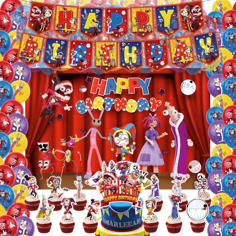May include: A festive birthday party scene with a banner that reads "Happy Birthday". The scene includes balloons, cupcakes, a cake, and character cutouts. The cake has the name "Amarleeah" on it.