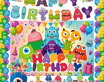 Niedliche Monster Geburtstag Dekorationen, Monster Party Zubehör Set, Kinder Geburtstag Kulisse, Banner, Luftballons, Kuchen Topper, Cupcake Topper