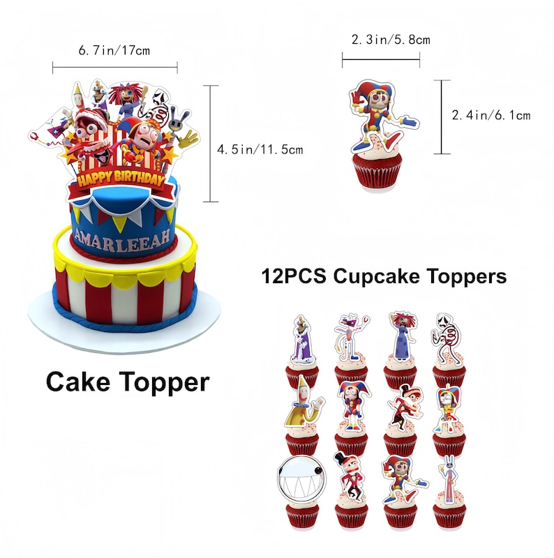May include: A cake topper and 12 cupcake toppers. The cake topper is a multi-tiered cake with a blue top, yellow middle, and red and white striped bottom. The cake topper reads "HAPPY BIRTHDAY AMARLEEAH". The cupcake toppers are cartoon characters on red cupcakes.