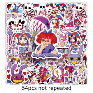 May include: A collection of colorful stickers featuring cartoon characters with various designs, including rabbits, dolls, and jesters. The stickers have a variety of colors, including purple, red, and blue. The text "Everything will be okay" is visible on one sticker. The text "54pcs not repeated" is also visible.