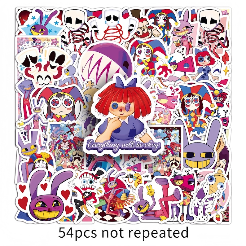 May include: A collection of colorful stickers featuring cartoon characters with various designs, including rabbits, dolls, and jesters. The stickers have a variety of colors, including purple, red, and blue. The text "Everything will be okay" is visible on one sticker. The text "54pcs not repeated" is also visible.