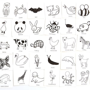 Jogo de charadas de animais para crianças - 48 imagens de animais desenhadas à mão - Jogo de festa de aniversário ou jogo de cartas de acampamento - Atividades pré-escolares para imprimir