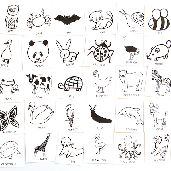 Animal Charades Game for Kids - 48 hand-drawn animal pictures - Birthday party game or camping card game - Printable preschool activities
