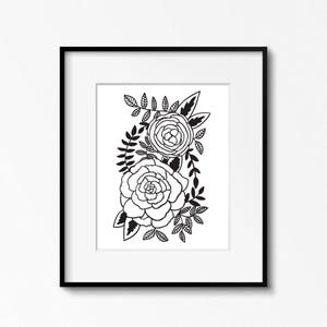 Roses 8x10 printable black and white flower wall art floral prints office decor artist studio wall art monochrome nursery print image 1