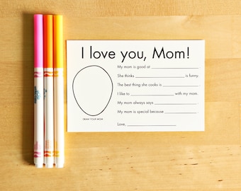 Carte imprimable I Love You Mom - Carte de fête des mères - Questions d’entrevue pour les enfants - Cadeaux des enfants - Carte personnalisée pour maman