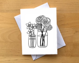 Flower Jar printable greeting card - A2 size blank card - with DIY envelope template - Flower Floral illustration - 4.25" x 5.5"