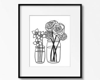 Flower Jar 8x10 printable - digital download - black and white art - DIY home office decor - classroom decor - printable wall art