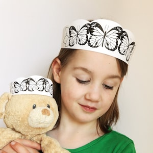 Butterflies Crown Printable - butterfly headband kids craft - kids dress up craft - teddy bear picnic - black white printable