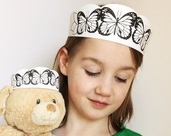 Butterflies Crown Printable - butterfly headband kids craft - kids dress up craft - teddy bear picnic - black white printable