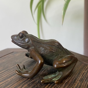 Könnte beinhalten: Eine bronzefarbene Metallfroschfigur in sitzender Position mit einer strukturierten Oberfläche, die dunkelbraune und subtile grüne Patina-Akzente aufweist, wobei der Frosch seine Vorderbeine ausgestreckt und die Hinterbeine in Ruhehaltung angewinkelt hat.