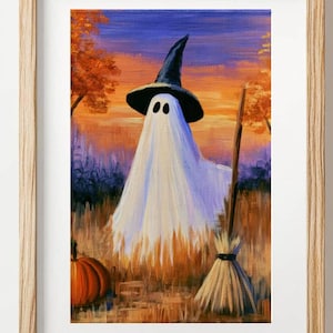 Cute Ghost Witch Painting, Whimsical Halloween Wall Art, Spooky Sunset Field Poster, Cozy Autumn Acrylic Print, Vertical Digital Download