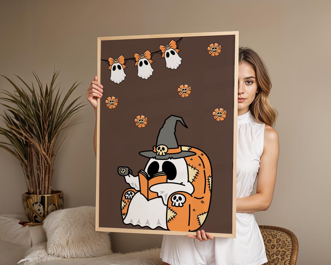 Cozy Ghost Reading Wall Art, Cute Halloween Poster, Spooky Season ...