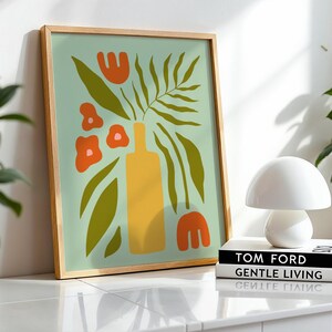 Abstract Matisse Floral Print, Mid Century Modern Wall Art, Minimalist Botanical Poster, Digital Download, Earthy Orange Green Vase Art