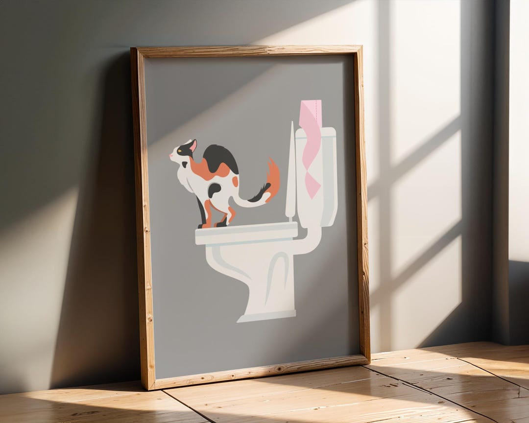 Funny Calico Cat on Toilet Poster | Quirky Bathroom Wall Art ...