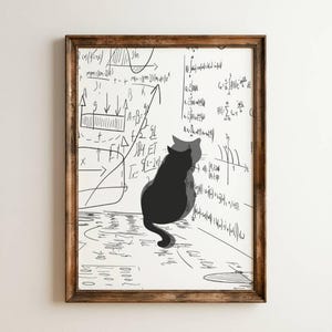 Puede incluir: Una impresión de arte mural enmarcada que presenta la silueta de un gato negro sentado frente a un fondo blanco cubierto con complejas ecuaciones, fórmulas y gráficos matemáticos en negro. El marco es de madera marrón oscura con veta.