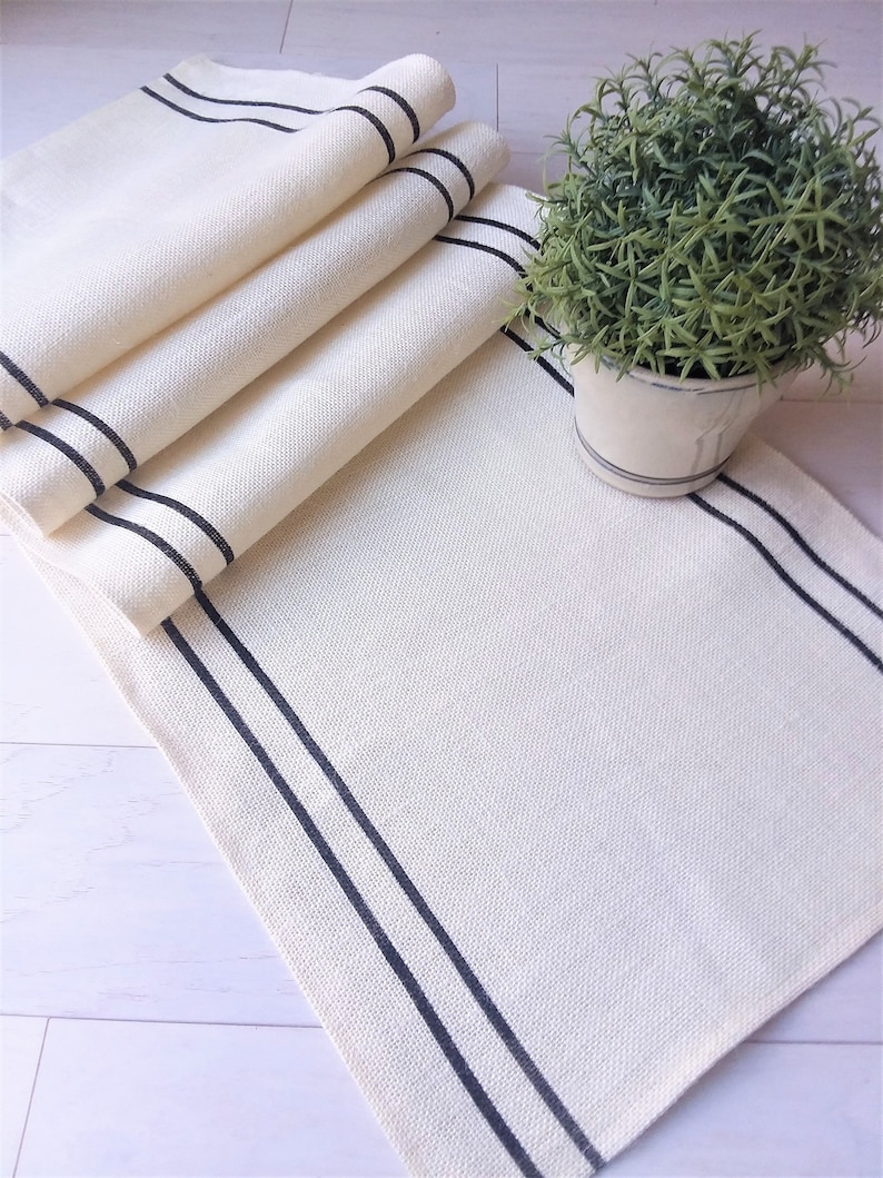 Farmhouse Table Runner with Black Stripes French Country Table Runner Mothers Day Gift Grainsack Table Runner Rustic Burlap Table Runner