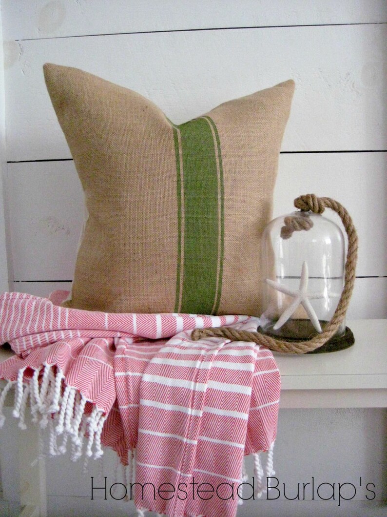 Farmhouse Pillow / Grain Sack Pillow / Green Pillow / Burlap Etsy