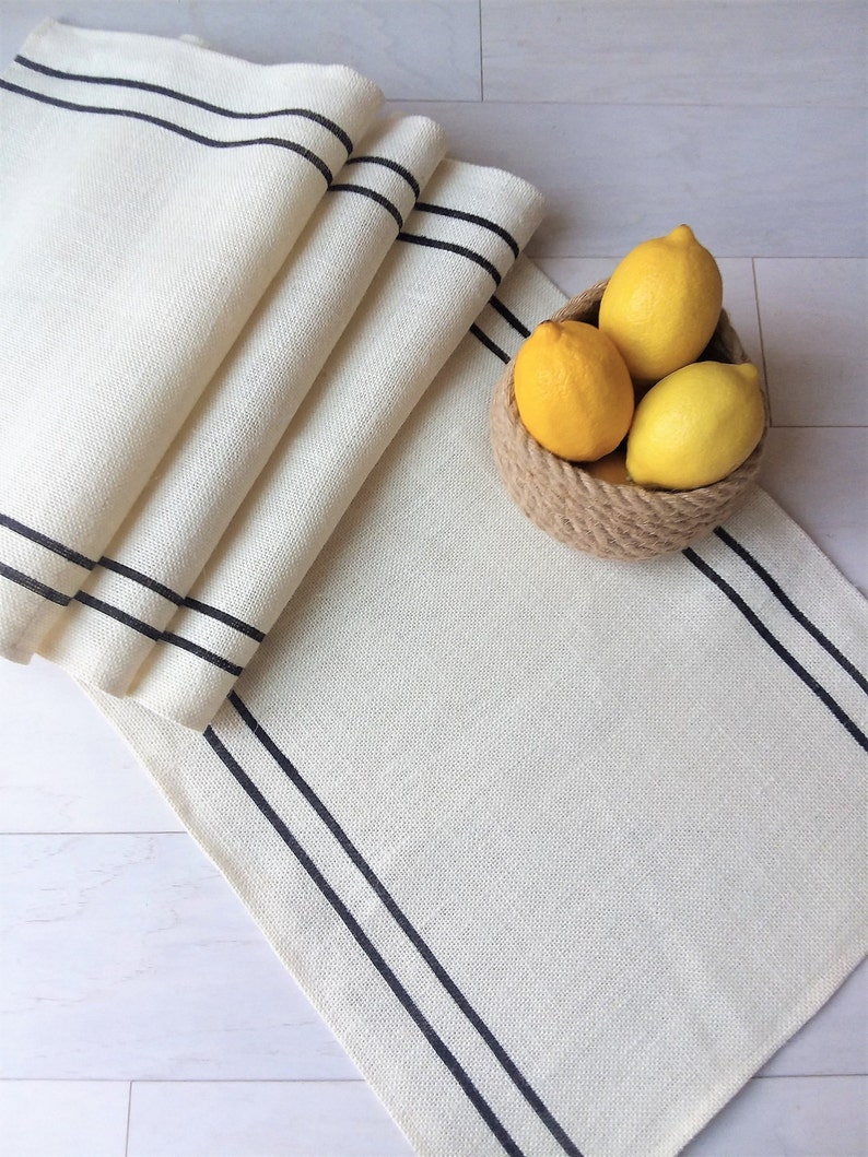 Farmhouse Table Runner with Black Stripes French Country Table Runner Mothers Day Gift Grainsack Table Runner Rustic Burlap Table Runner