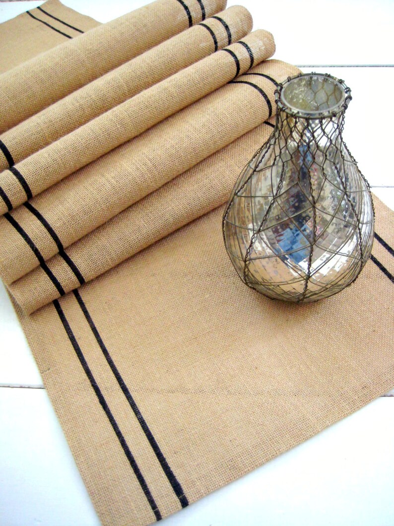 Farmhouse Table Runner with Black Stripes French Country Table Runner Mothers Day Gift Grainsack Table Runner Rustic Burlap Table Runner