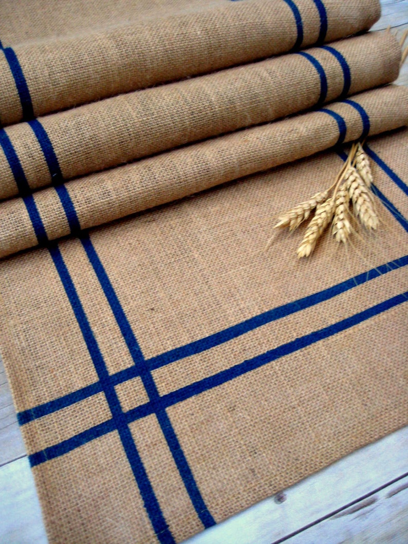 Burlap Table Runner With Navy Blue Stripes / Nautical Runner / Etsy