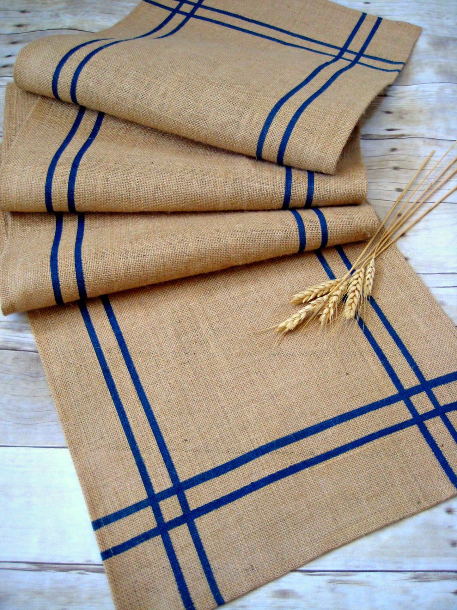 Burlap Table Runner With Navy Blue Stripes / Nautical Runner / Etsy