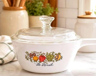 Vintage CorningWare Le Persil steelpan met glazen deksel | P-82-B 750 ml | Spice of Life Corning Ware Braadpan | Cottage keukendecoratie