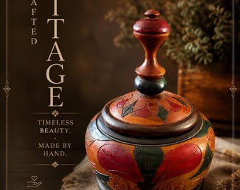 Tarro de madera tallado a mano de estilo vintage con tapa / Bote floral de arte popular / Maceta rústica bohemia / Contenedor de decoración primitiva
