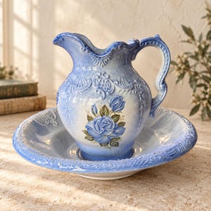 May include: A ceramic wash basin and matching pitcher set featuring a blue and white gradient finish. The pitcher has an ornate handle and embossed detailing, decorated with a central blue rose illustration. The basin has a wide, scalloped rim.