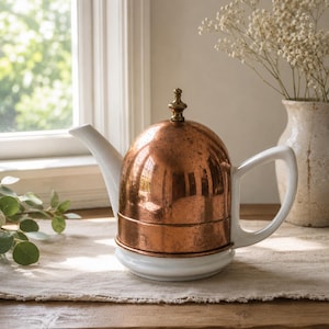 Vintage Hammered Copper Insulated Ceramic Teapot | Mid-Century Coffee Server | White Porcelain Tea Pot with Copper Warmer