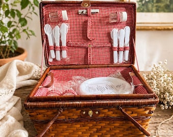 Vintage Wicker Picnic Basket Set | Red Gingham Lined Picnic with Plates, Utensils