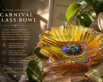 Vintage Amber Carnival Glass Sunflower Bowl | Iridescent Daisy Dish | Retro Floral Serving Bowl | Mid Century Glass Decor | Gift Idea