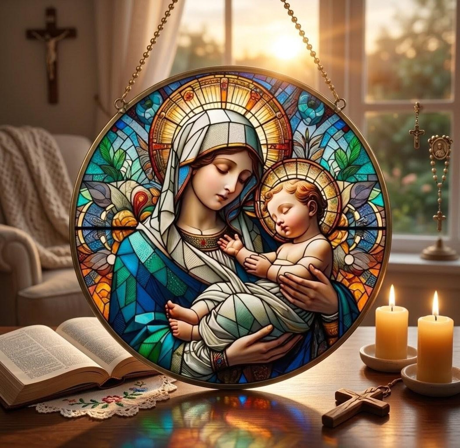 Virgin Mary Baby Jesus Stained Glass Suncatcher, Religious Window Art ...