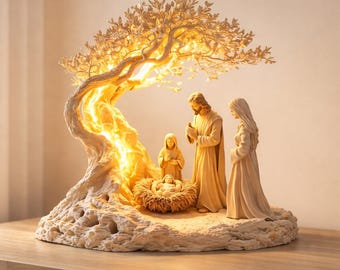 Lampa Drzewo Życia Jezus, dekoracja szopki Świętej Rodziny, duchowe światło LED