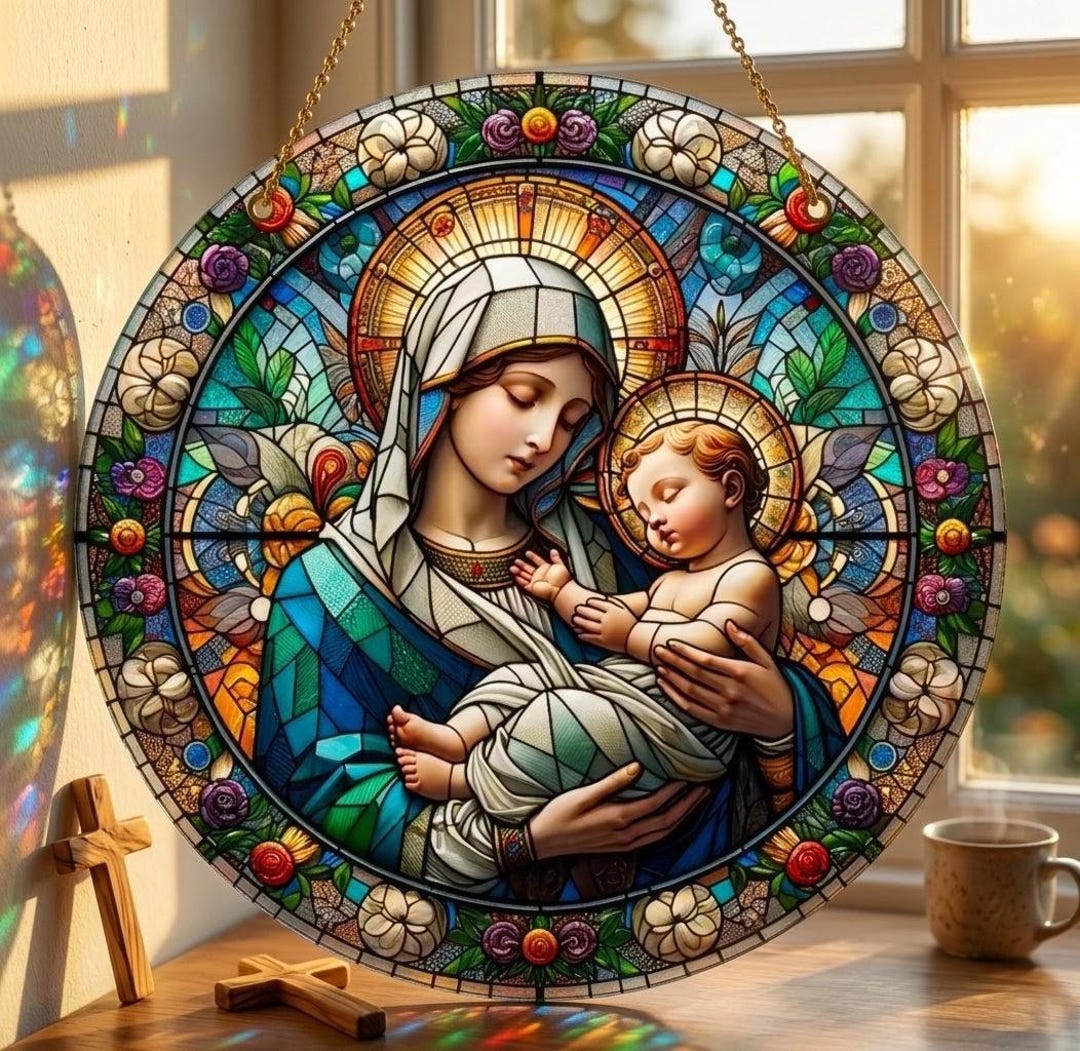 Virgin Mary Baby Jesus Stained Glass Suncatcher, Religious Window Art ...