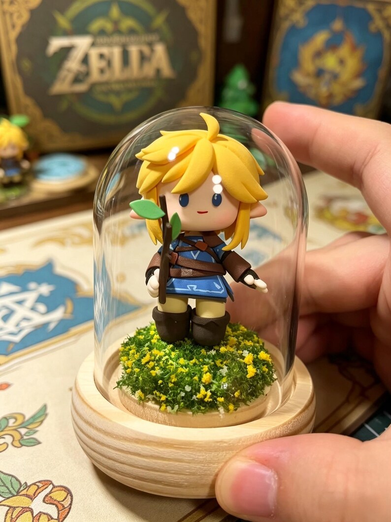 May include: A miniature figurine of a character with blonde hair, wearing a blue tunic and brown boots, holding a small green leaf, encased in a glass dome. The figurine stands on a bed of green and yellow faux grass, set on a wooden base. The word "ZELDA" is visible in the background.