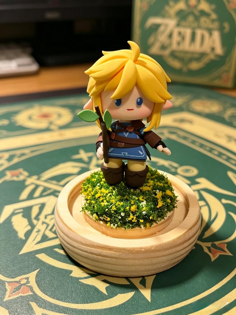 May include: A figurine of a character with yellow hair, wearing a blue tunic and brown boots, holding a small branch with leaves. The figure stands on a bed of green moss and yellow flowers, set in a wooden base. The background includes a box with the word "Zelda".