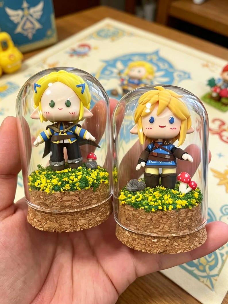 May include: Two miniature figurines of a blonde-haired character in glass domes. The figurines are dressed in blue and black outfits, standing on a bed of yellow flowers and cork bases. Small red mushroom accents are also present. The figurines are from a video game.