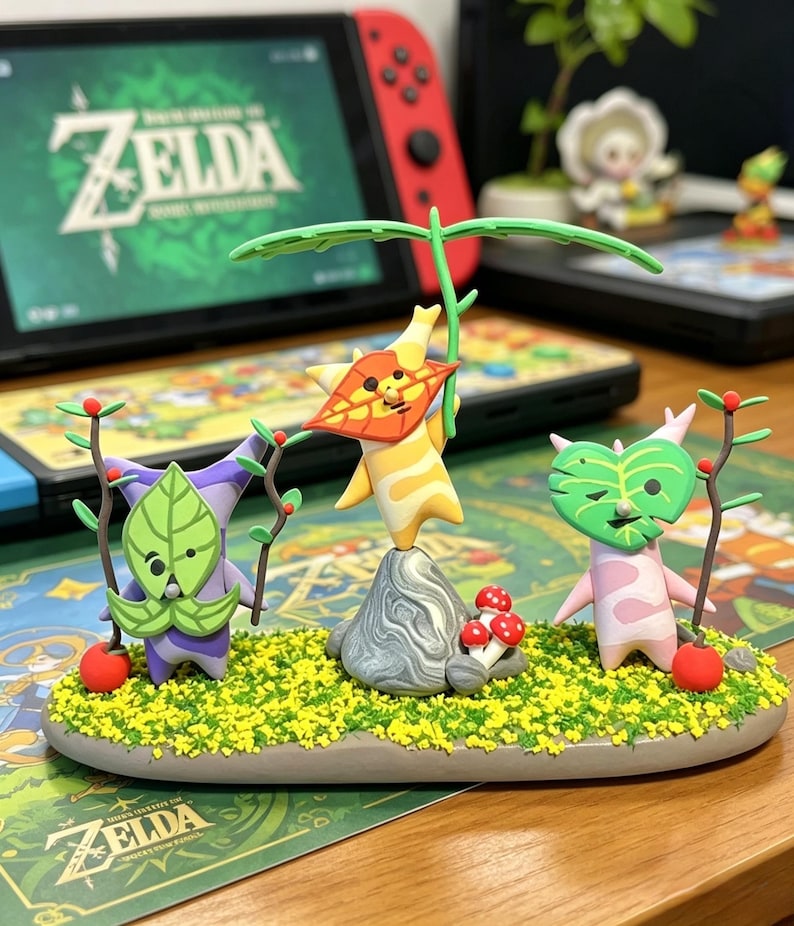 May include: A colorful figurine set featuring three Koroks from The Legend of Zelda. The figures are on a base with yellow and green detailing, with red mushrooms and apples. The background includes a Nintendo Switch with the Zelda logo.