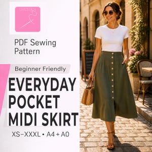 May include: An olive green midi skirt with button details and pockets. The skirt is part of a PDF sewing pattern labeled "Everyday Pocket Midi Skirt" and is beginner-friendly. The image also includes the text "XS-XXXL • A4 + A0".