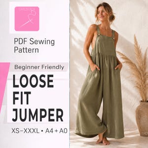 May include: An olive green loose-fit jumpsuit with wide legs and large pockets. The jumpsuit has a square neckline and wooden button details on the straps. The image also includes text that says "PDF Sewing Pattern" and "Beginner Friendly".