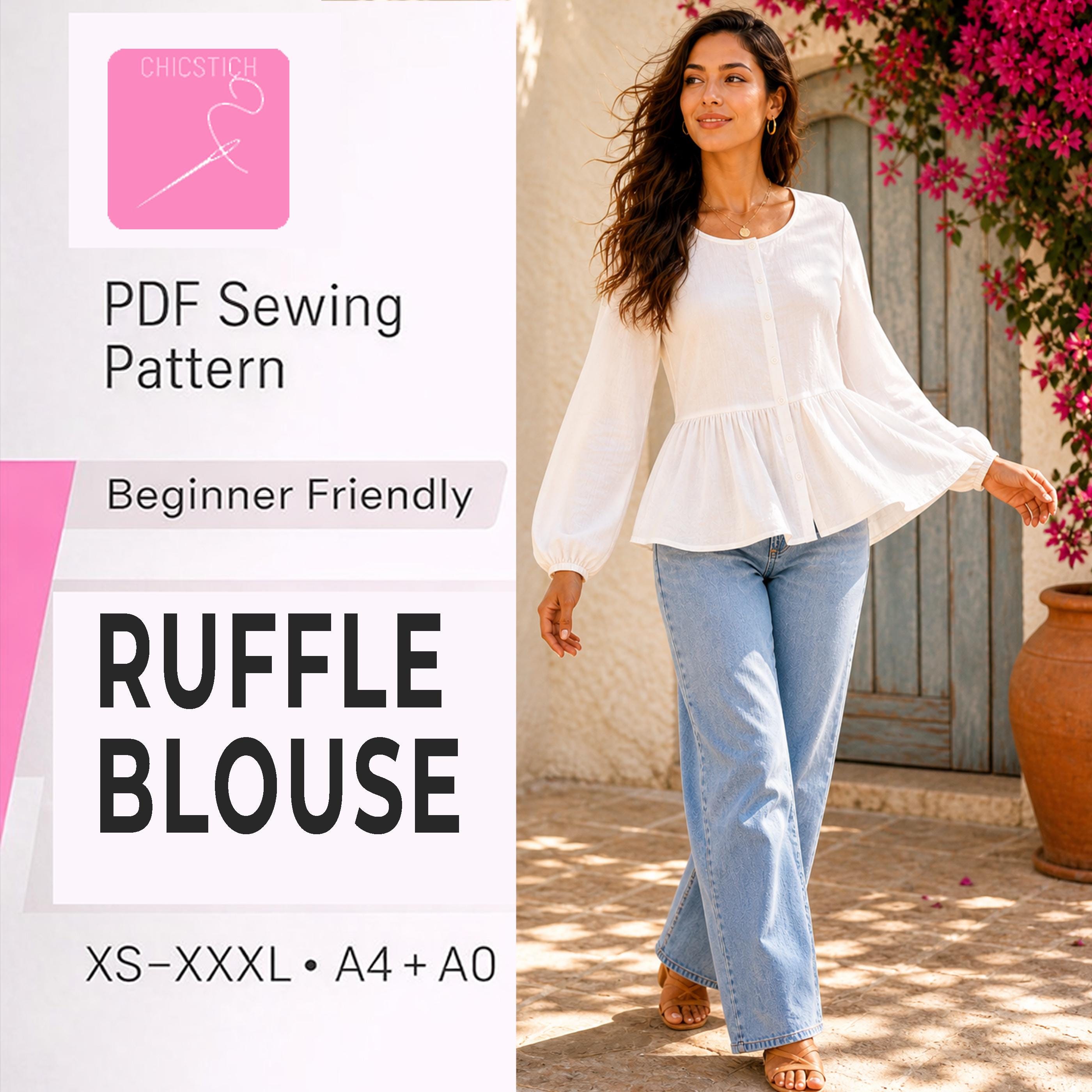 Ruffle Blouse Sewing Pattern for Women | Button Blouse PDF, Beginner ...