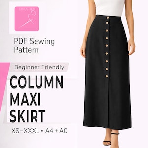 May include: Black column maxi skirt with a button-down front. The skirt is shown on a person and is part of a PDF sewing pattern. The pattern is labeled as beginner-friendly and includes sizes XS-XXXL.