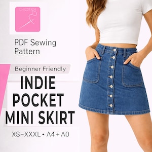 May include: A blue denim mini skirt with a button-up front and two front pockets. The skirt is part of a PDF sewing pattern labeled "Indie Pocket Mini Skirt" and is beginner-friendly. The pattern includes sizes XS-XXXL and A4 + A0.