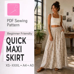 May include: A PDF sewing pattern for a quick maxi skirt in sizes XS-XXXL, featuring A4 and A0 formats. The design is showcased as a long, flowing skirt with a floral pattern, paired with a white tank top, demonstrating the finished garment.