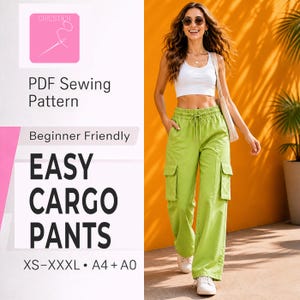 Könnte beinhalten: Eine Frau trägt eine limettengrüne Cargohose mit mehreren Taschen und ein weißes Crop-Top. Das Bild enthält den Text "EASY CARGO PANTS" und "PDF Sewing Pattern". Die Hose ist in den Größen XS-XXXL erhältlich.