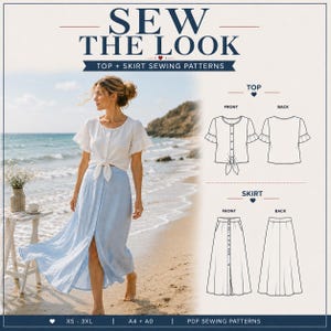 Könnte beinhalten: Eine Frau trägt ein weißes Oberteil und einen hellblauen Rock am Strand. Das Bild enthält Schnittmuster für ein Oberteil und einen Rock. Der Text auf dem Bild lautet "SEW THE LOOK" und "TOP + SKIRT SEWING PATTERNS". Die Größen reichen von XS-3XL.